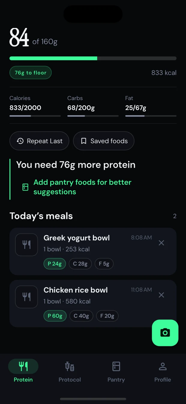 MYO protein screen showing daily protein, calories, macros, and logged meals