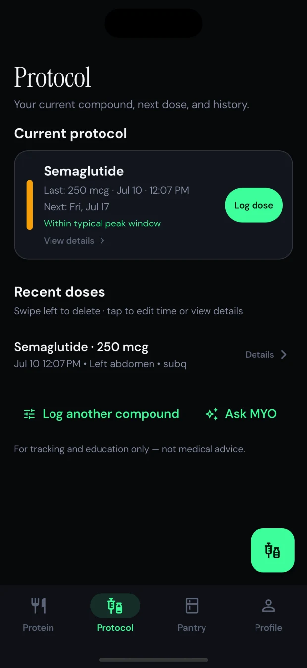 MYO protocol screen showing the next tracked dose and recent dose history